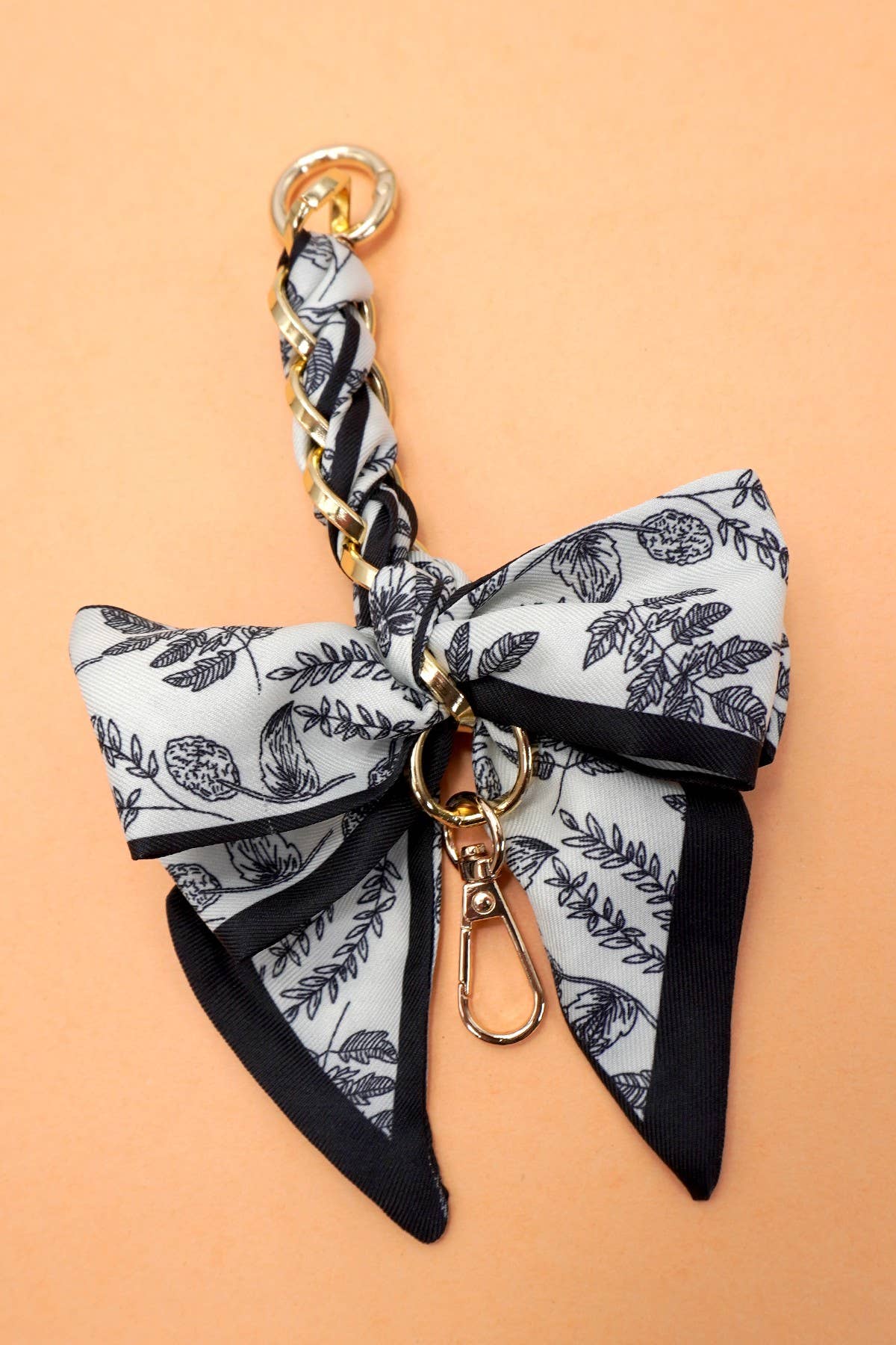 VINTAGE FLORAL SILK BOW BAG CHARM KEYCHAIN | 40KC148: Black