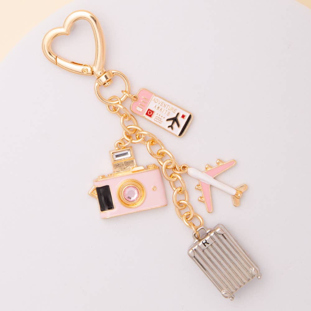 Travel-Themed Bag Charm Keychain with Heart Clasp
