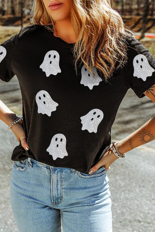 LDC Glitter Ghost Pattern Crew Neck Halloween Graphic Shirt Little Daisy Closet