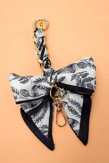 VINTAGE FLORAL SILK BOW BAG CHARM KEYCHAIN | 40KC148: Black