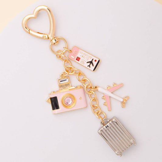 Travel-Themed Bag Charm Keychain with Heart Clasp