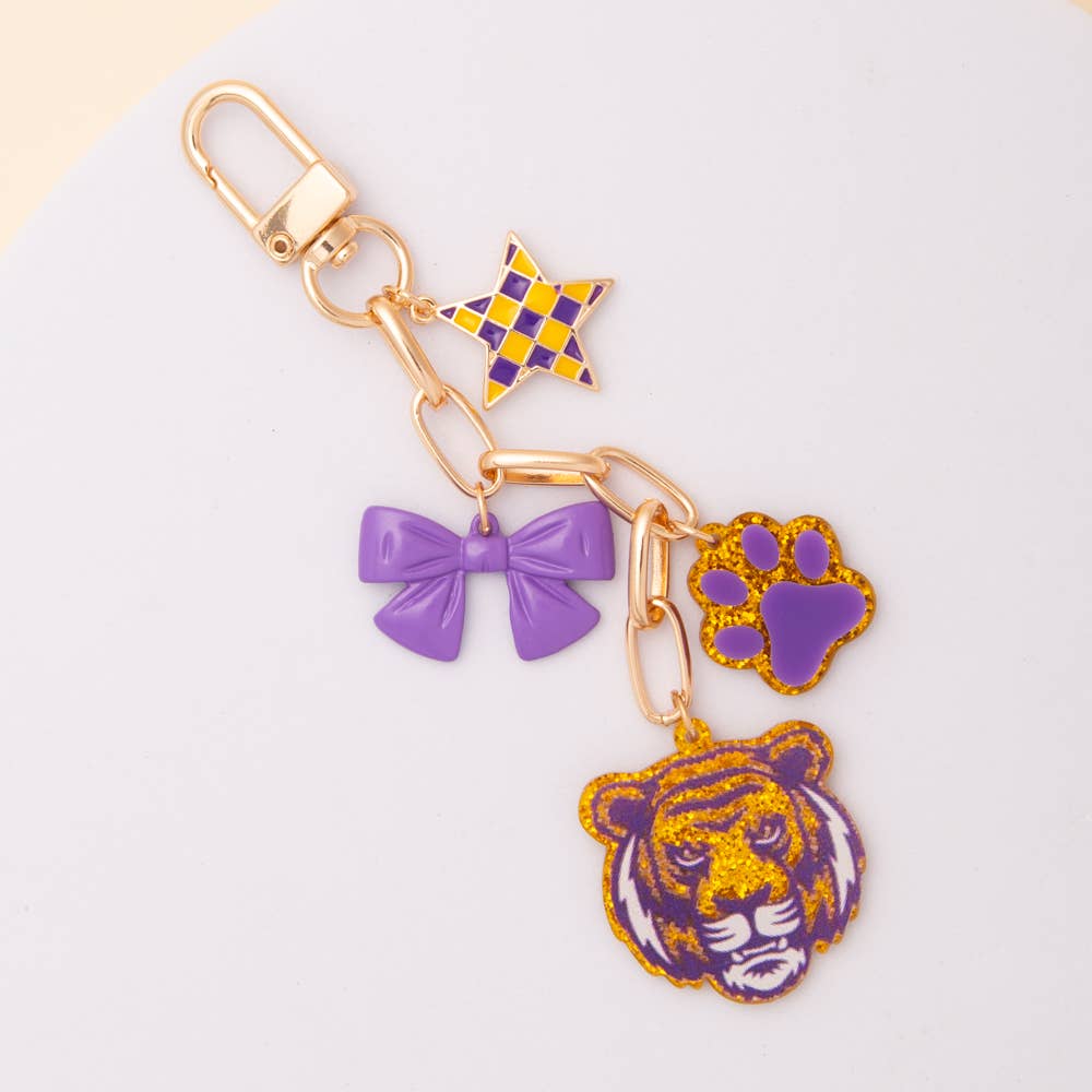 Game Day Bag Charm Keychain with Enamel Bow, Checkered Star