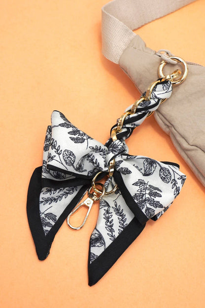 VINTAGE FLORAL SILK BOW BAG CHARM KEYCHAIN | 40KC148: Black