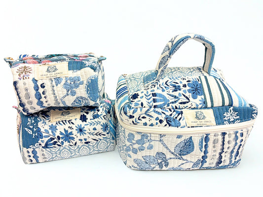 Bleu Chapelle | Quilted Cosmetic Bag Set of 3