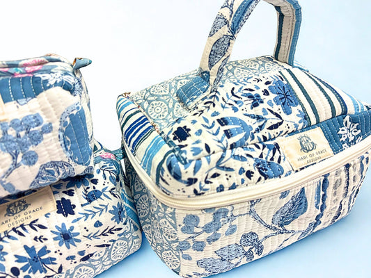 Bleu Chapelle | Quilted Cosmetic Bag Set of 3