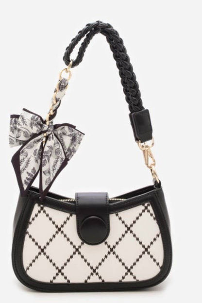 VINTAGE FLORAL SILK BOW BAG CHARM KEYCHAIN | 40KC148: Black