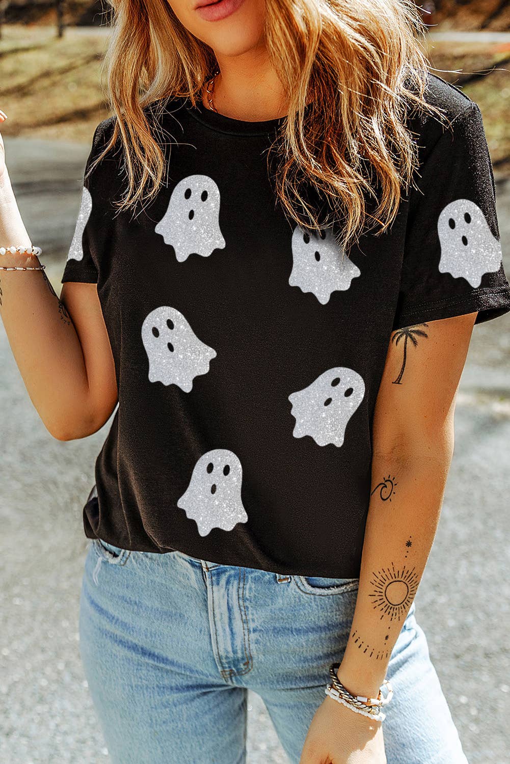 LDC Glitter Ghost Pattern Crew Neck Halloween Graphic Shirt