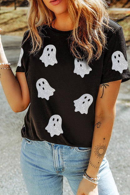 LDC Glitter Ghost Pattern Crew Neck Halloween Graphic Shirt