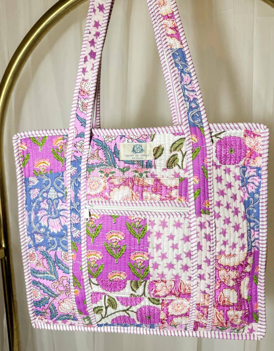 Large Quilted Zipper Tote Bag | Starlit Blooms Patchwork