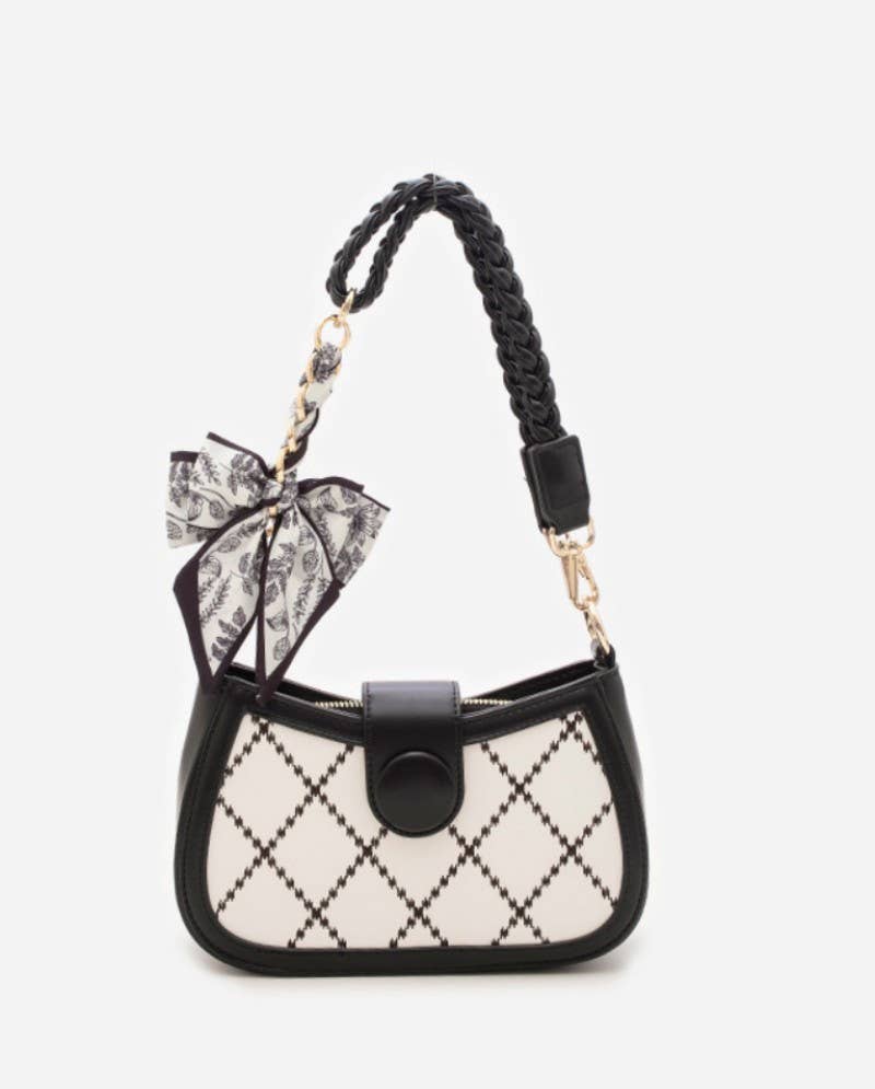 VINTAGE FLORAL SILK BOW BAG CHARM KEYCHAIN | 40KC148: Black