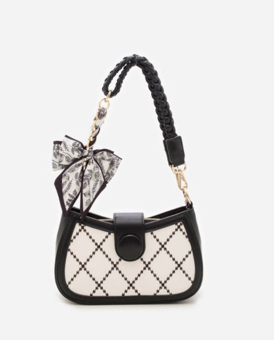 VINTAGE FLORAL SILK BOW BAG CHARM KEYCHAIN | 40KC148: Black