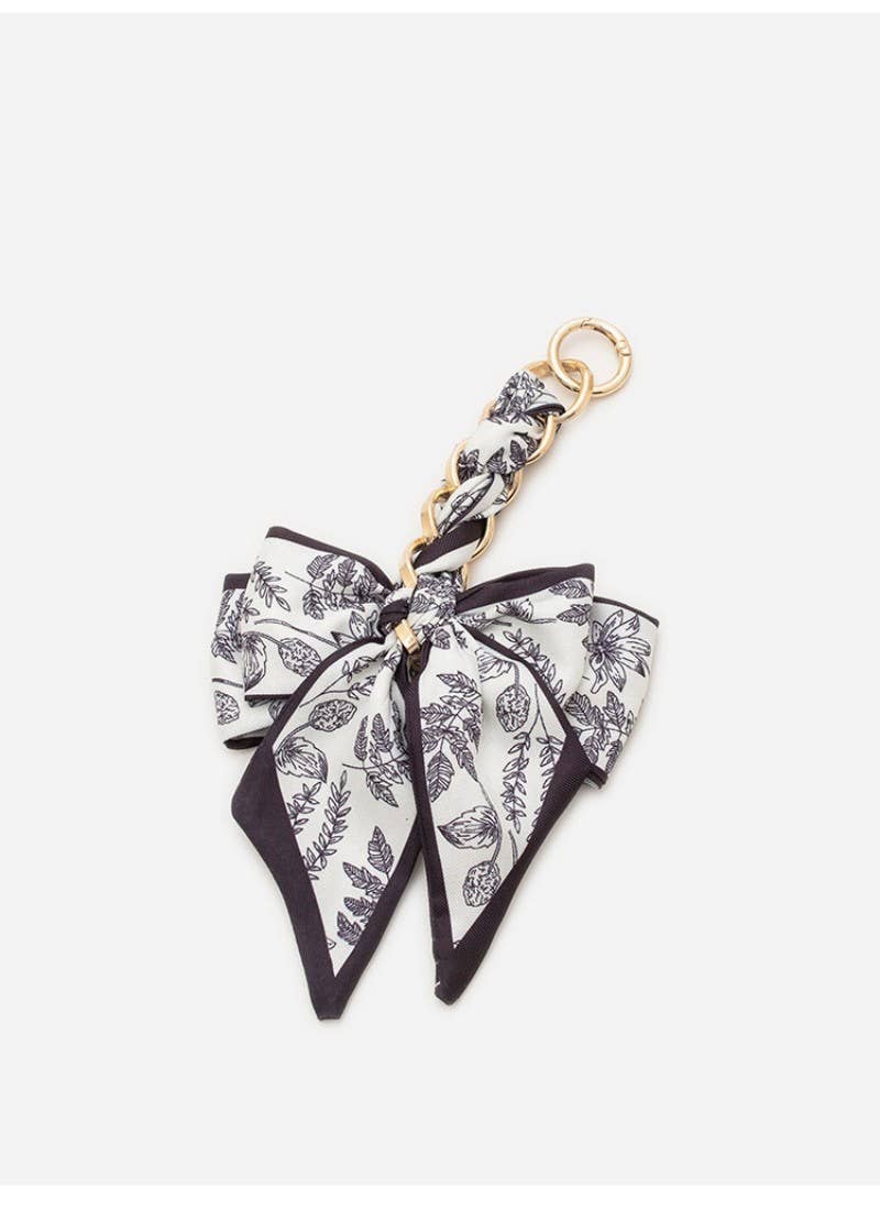 VINTAGE FLORAL SILK BOW BAG CHARM KEYCHAIN | 40KC148: Black