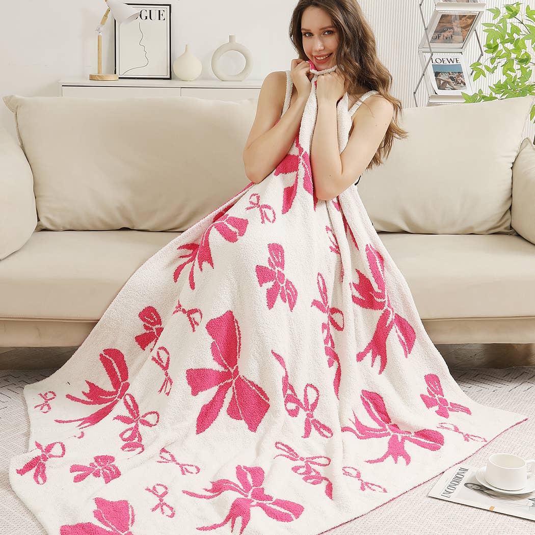 Ribbon Pattern Print Cozy Soft Throw Blanket : FUCHSIA / ONE SIZE
